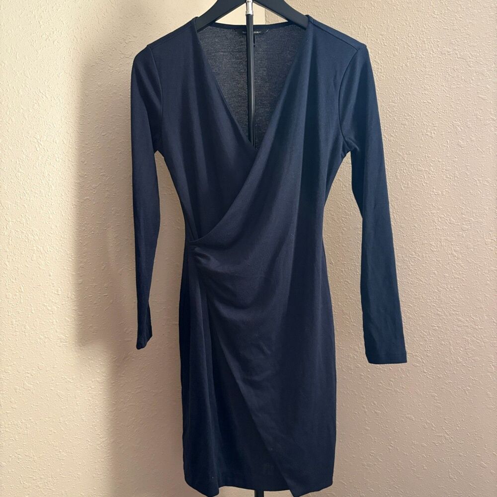 Banana Republic Petite XS Navy Ruched Faux Wrap Long Sleeve Dress